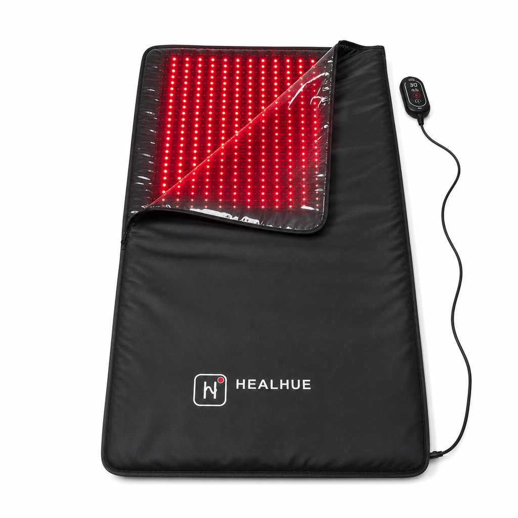 HealHue blanket on bed, evening use